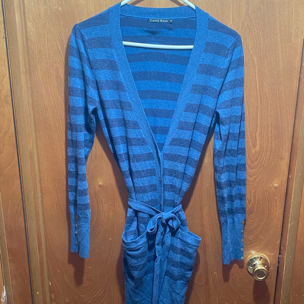 Carol Rose Blue Striped Cardigan with Tie Waist Winter Spring Chic